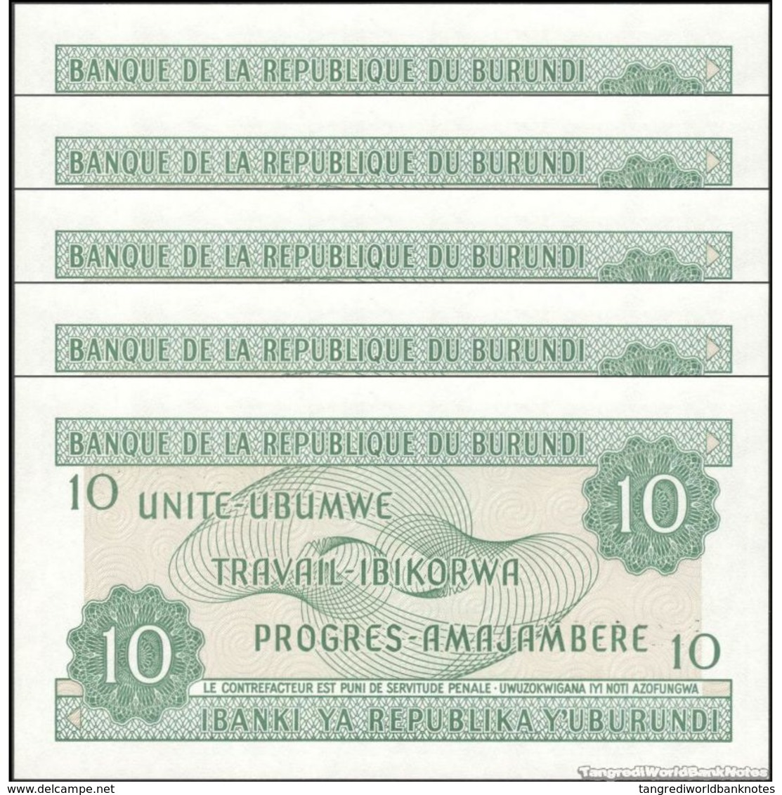 TWN - BURUNDI 33d2 - 10 Francs 1.8.2001 DEALERS LOT X 5 - Prefix BH UNC - Burundi