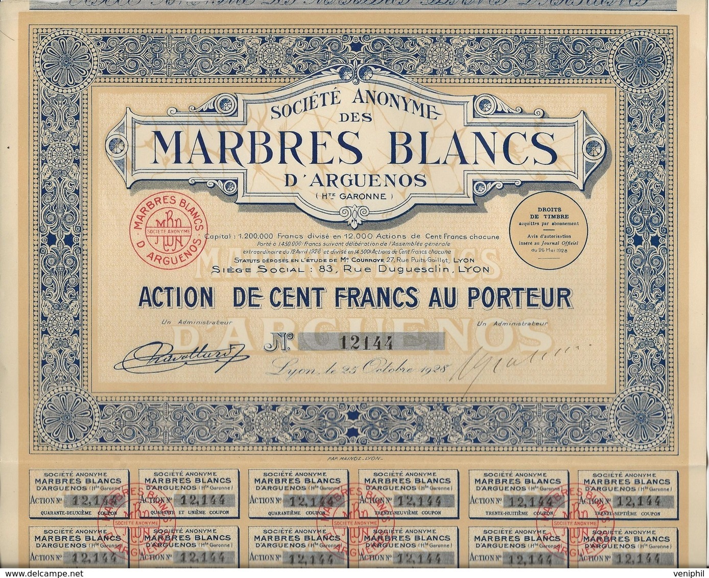 SOCIETE DES MARBRES BLANCS D'ARGUENOS -HTE GARONNE -ACTION DE 100 FRS -ANNEE 1928 - Mines