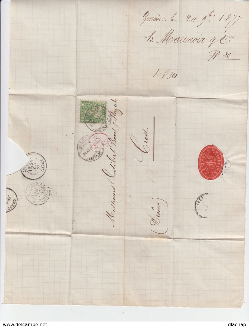 Sur Lettre SC Timbre Helvetia Assise 25 C. Vert Jaune. CAD Genève 1877. CAD Crest Et Lyon Marseille. (886) - Marcophilie