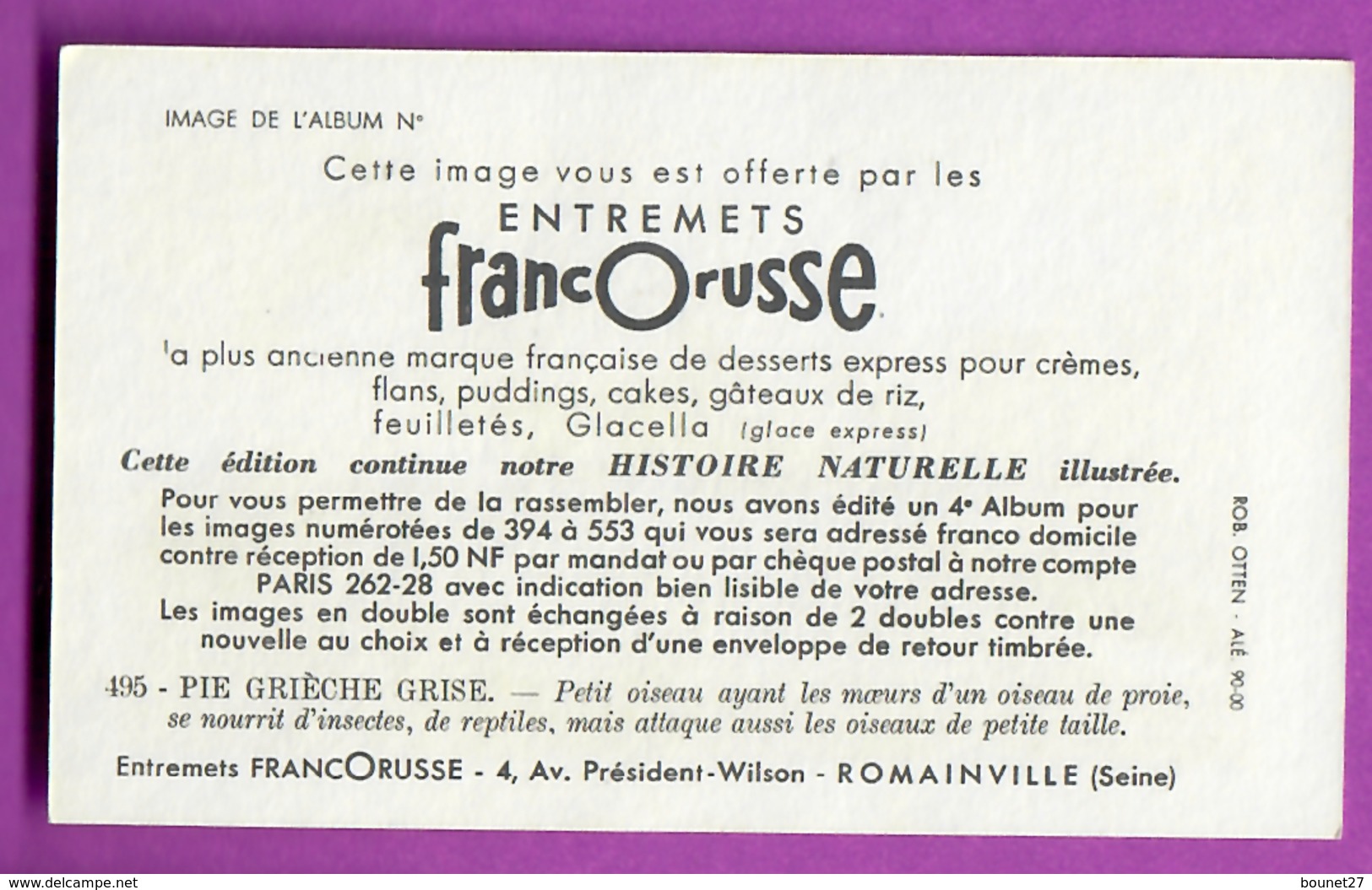 Image Histoire Naturelle " ENTREMETS FRANCORUSSE " N° 495 Oiseau LA PIE GRIÈCHE GRISE Pour L'Album N° 4 - Other & Unclassified