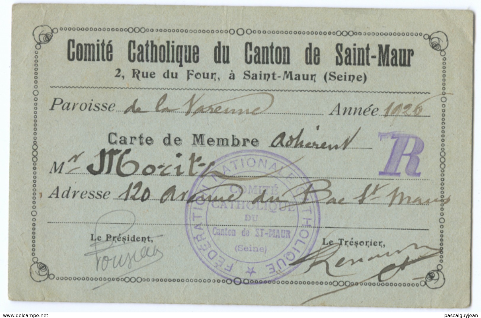 CARTE DE MEMBRE COMITE CATHOLIQUE SAINT-MAUR 1926 M. MORITZ - Non Classés