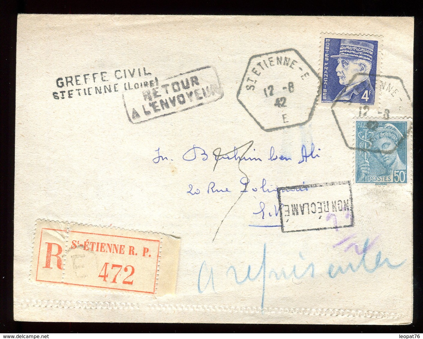 Carte Lettre En Recommandé De Saint Etienne Et Retour En 1942 - N130 - 1921-1960: Période Moderne