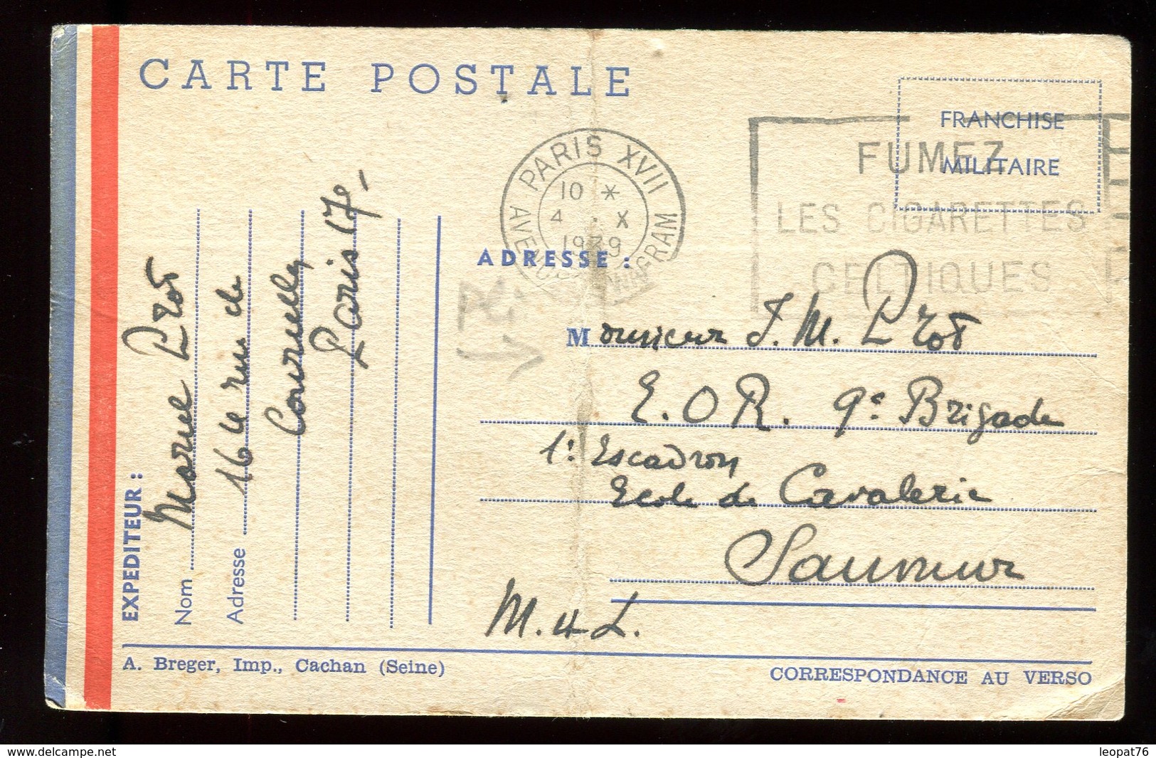 Carte FM ( Pli Central ) De Paris Pour Saumur En 1939 - N137 - Guerre De 1939-45