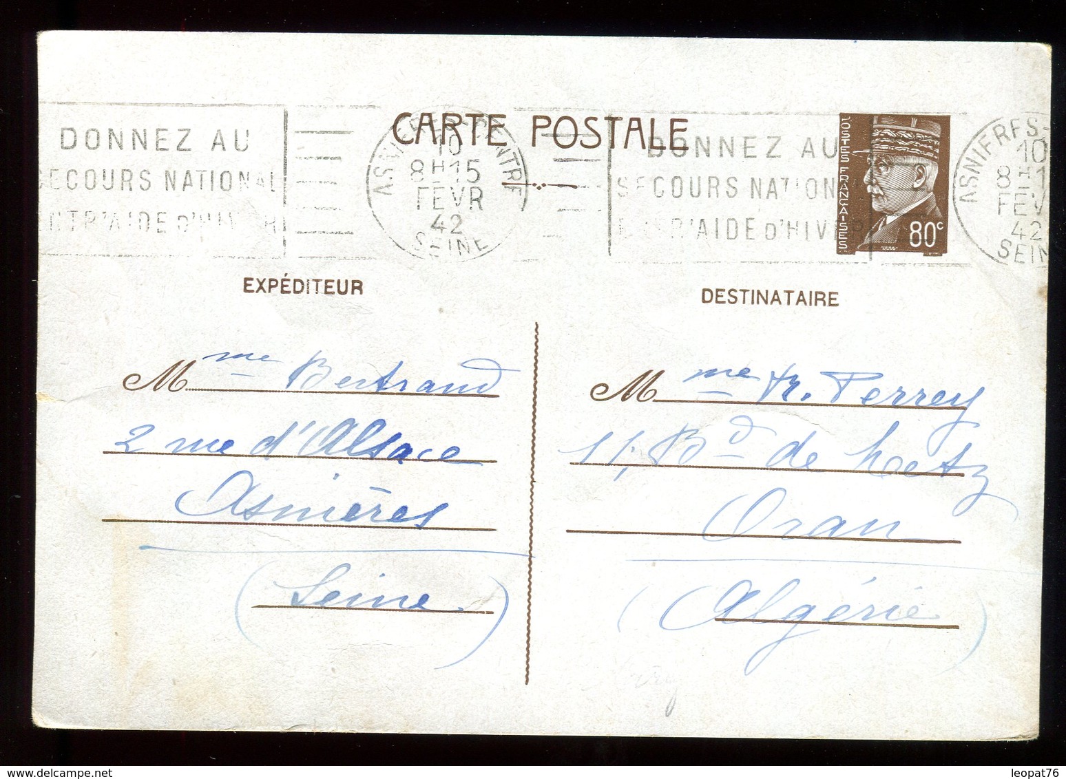 Entier Postal De Asnières Pour Oran En 1942 - N141 - Cartes Postales Types Et TSC (avant 1995)