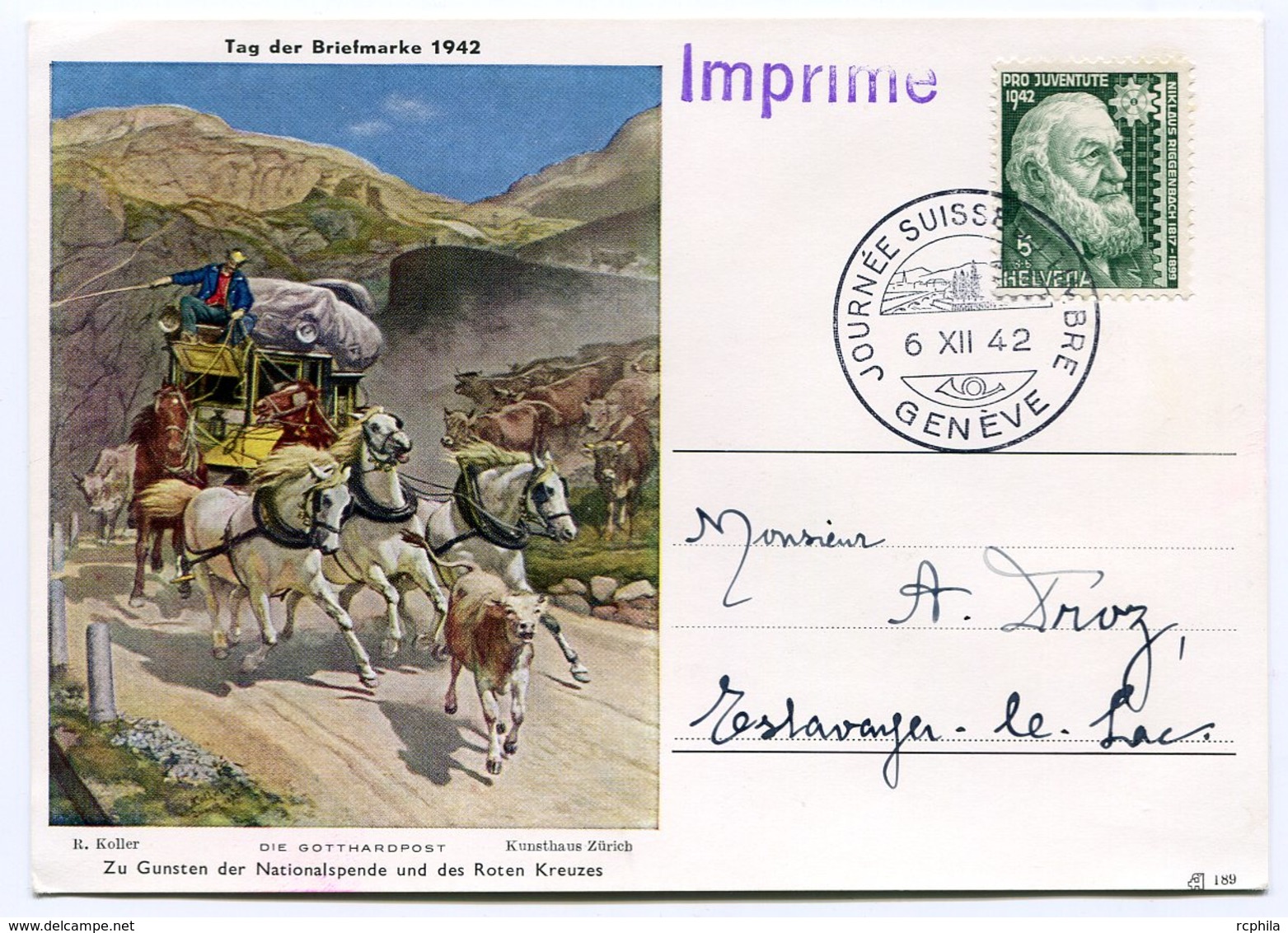 RC 10403 SUISSE 1942 JOURNÉE DU TIMBRE A GENEVE PRO JUVENTUTE TB - Postmark Collection