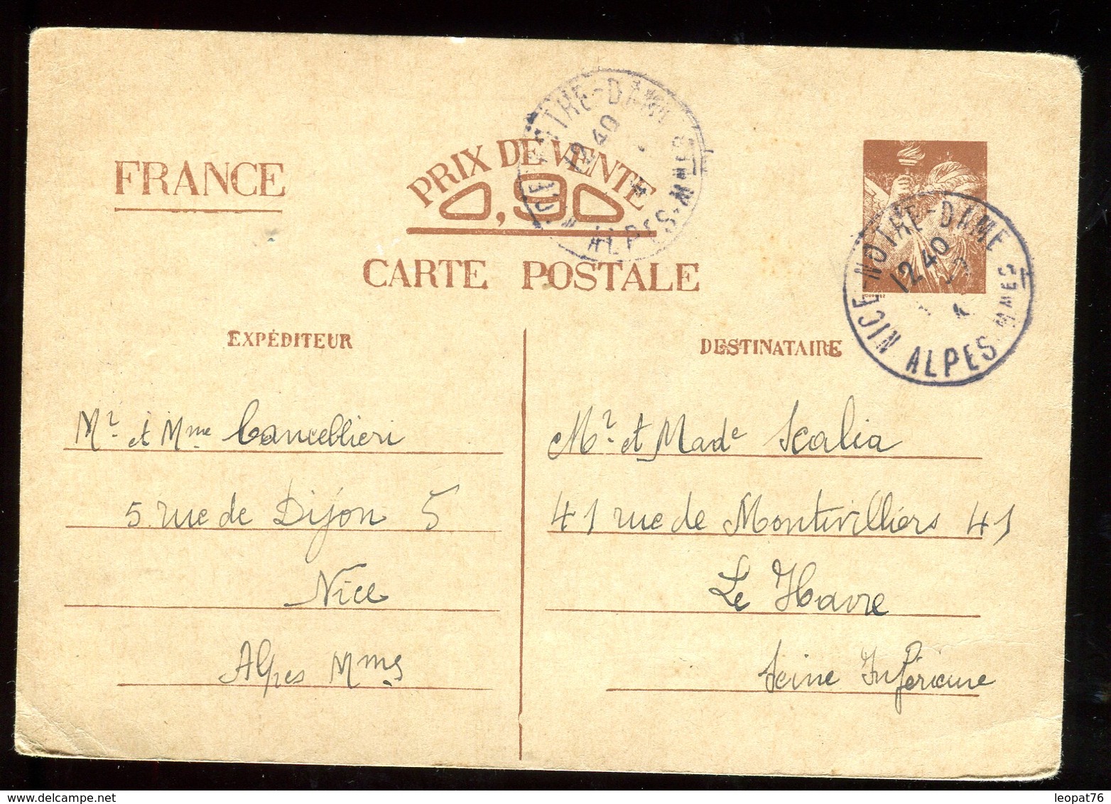 Entier Postal De Nice Pour Le Havre En 1941 - N146 - Standaardpostkaarten En TSC (Voor 1995)