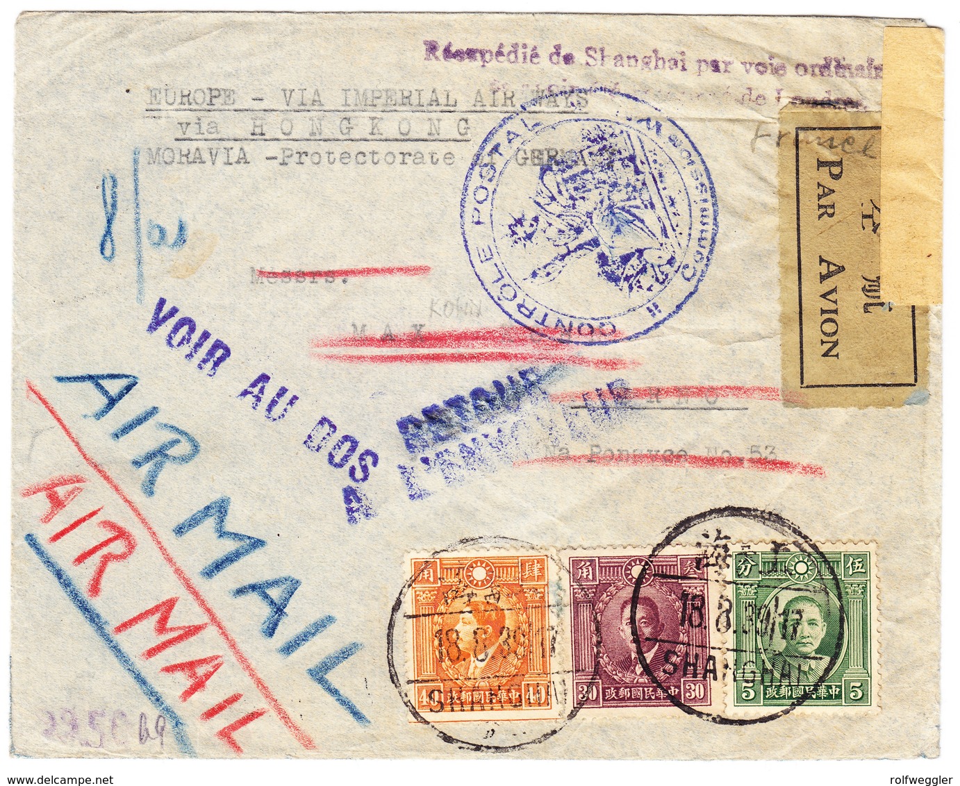 1939 Flugbrief Aus Shanghai Via Hong Kong Nach Brno Mähren (Brünn Tschechien) - 1912-1949 Republic