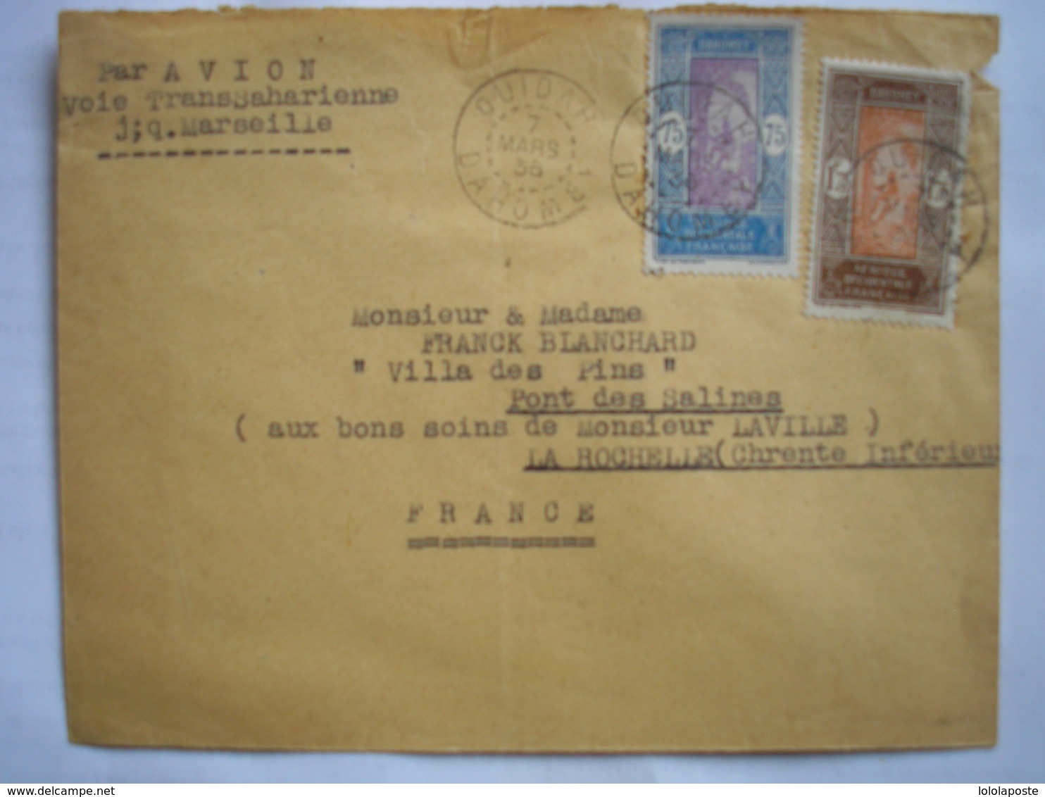 DAHOMEY - Lettre De OUIDA Du 07/03/1936 Pour La Rochelle Sans Cachet D'arrivée - Lettres & Documents