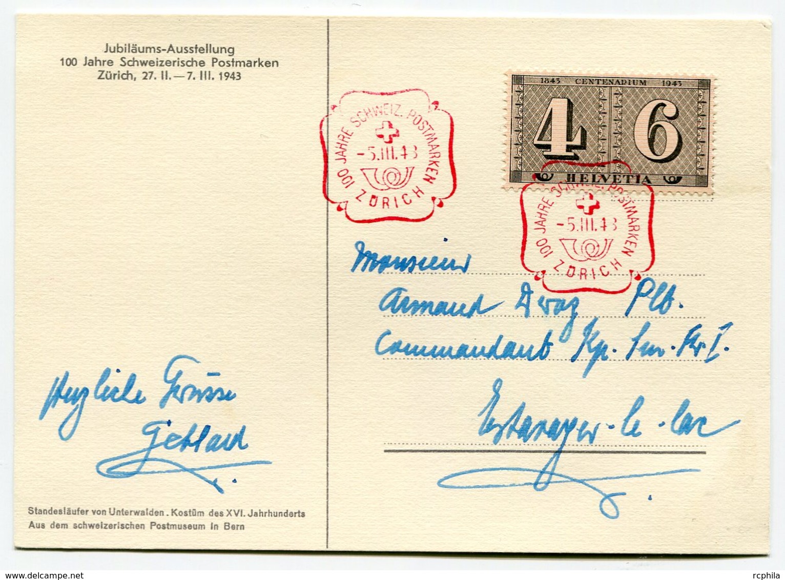 RC 10404 SUISSE 1943 100 ANS DU TIMBRE SUISSE ZURICH TB - Covers & Documents