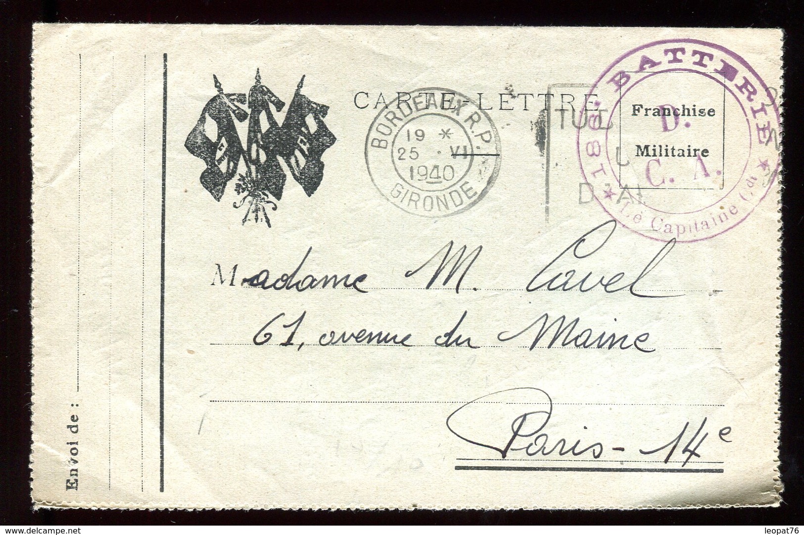 Carte Lettre FM De Bordeaux Pour Paris En 1940 - N153 - Guerre De 1939-45