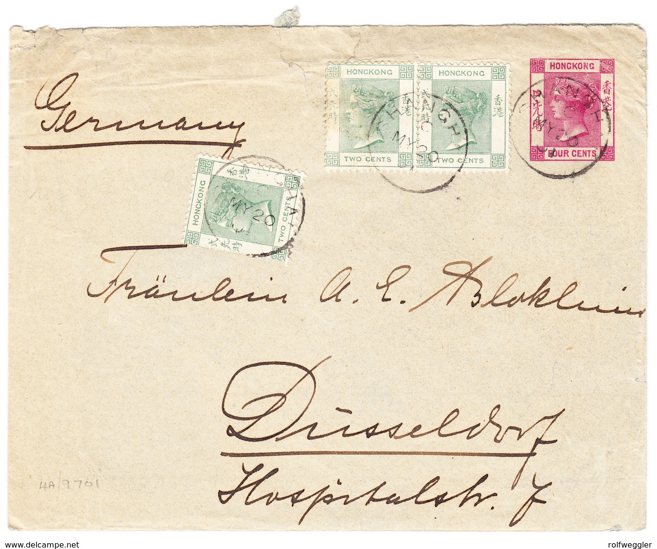 1901 4 Cent Ganzsache Mit Zusatzfrankatur Aus Shanghai Nach Düsseldorf; Gebrauchsspuren - Storia Postale