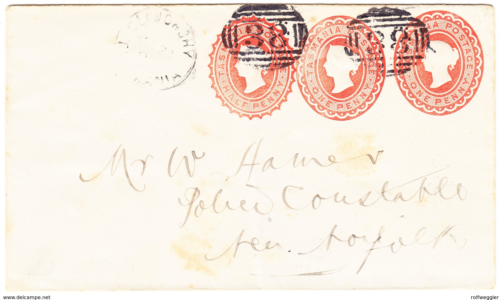 1892 Ganzsachenbrief Mit Drei Eindrucken 1/2 Penny Aus Glenn Orchy Nach New Norfolk; Minim Fleckig - Cartas & Documentos
