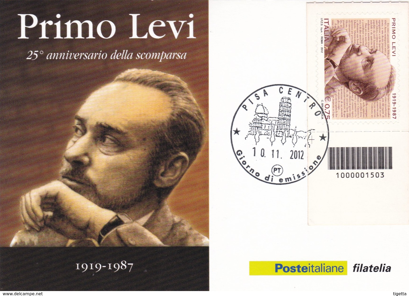 25° ANNIVERSARIO DELLA SCOMPARSA DI PRIMO LEVI CARTOLINA CON CODICE A BARRE GIORNO DI EMISSIONE 2012 - Bar-code