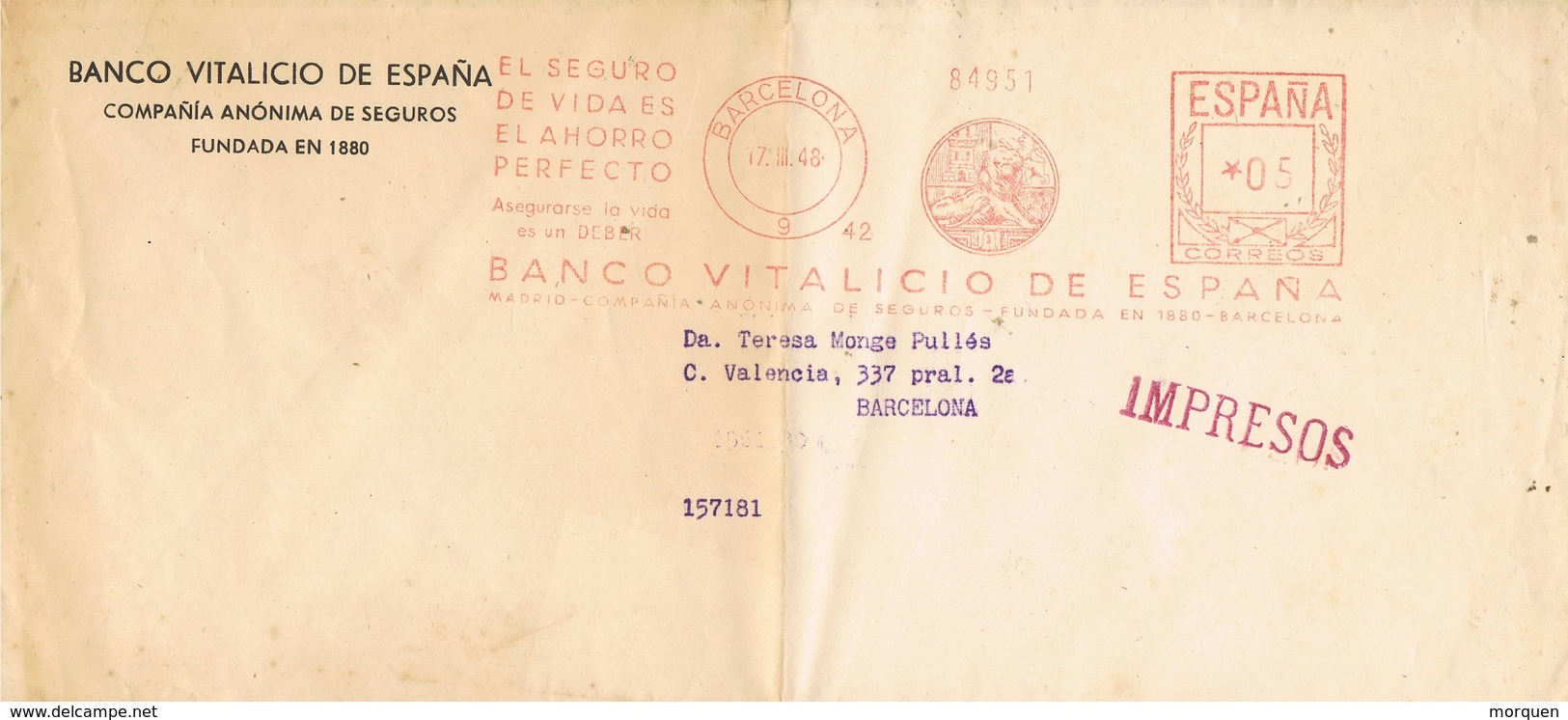 30548. Carta Impresos BARCELONA 1948. Franqueo Mecanico BANCO VITALICIO España - Lettres & Documents