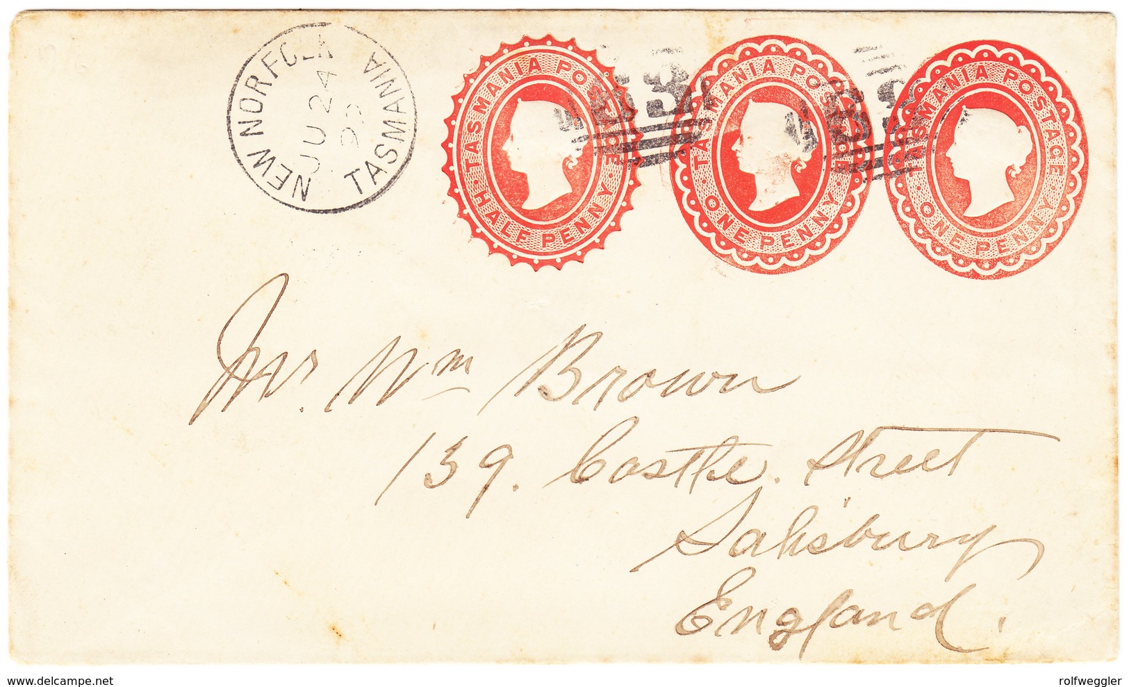 1892 Ganzsachenbrief Mit Drei Eindrucken 1/2 Penny Aus New Norfolk Nach Salisbury England; Leicht Fleckig - Briefe U. Dokumente