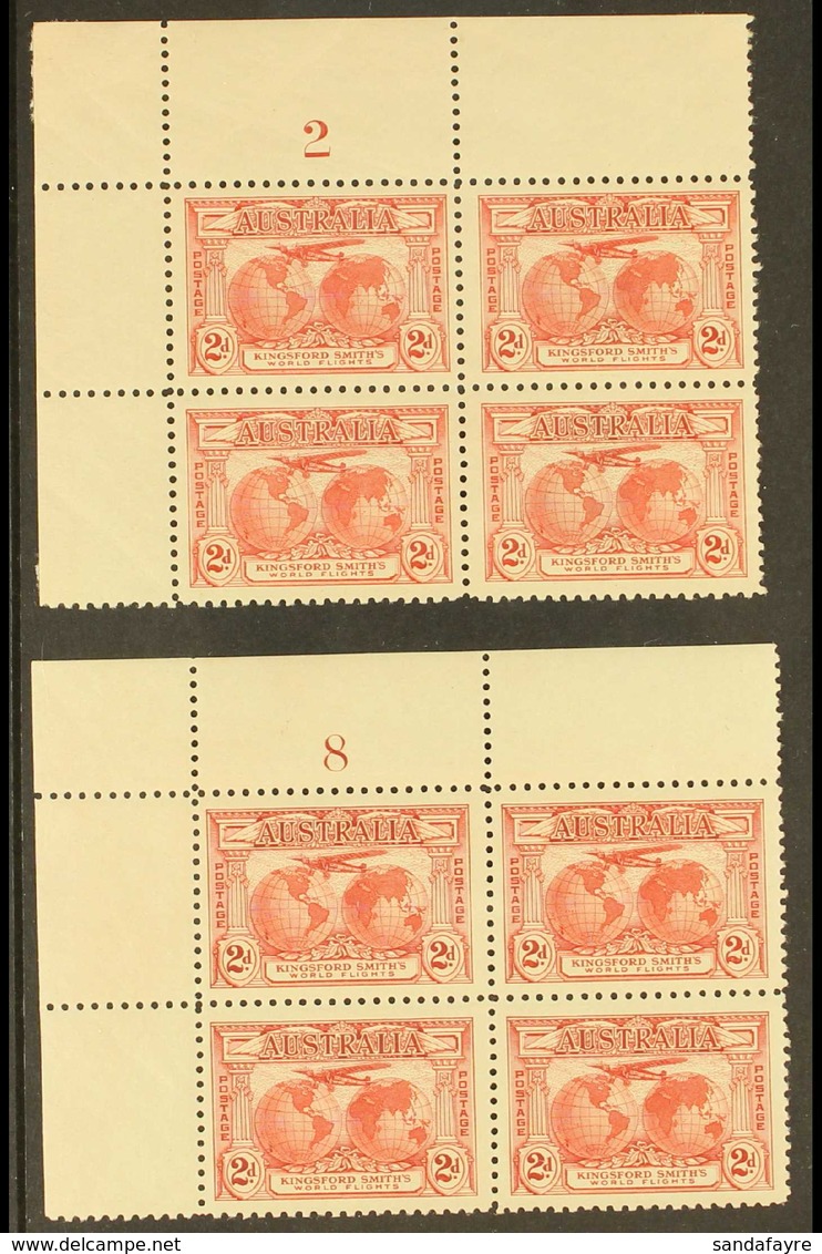 1931 2d Carmine Kingsford Smith, Plates 2 & 8 In PLATE BLOCKS Of 4, SG 121, Plate 2 Lightly Hinged On Margin, Plate 8 Ne - Other & Unclassified