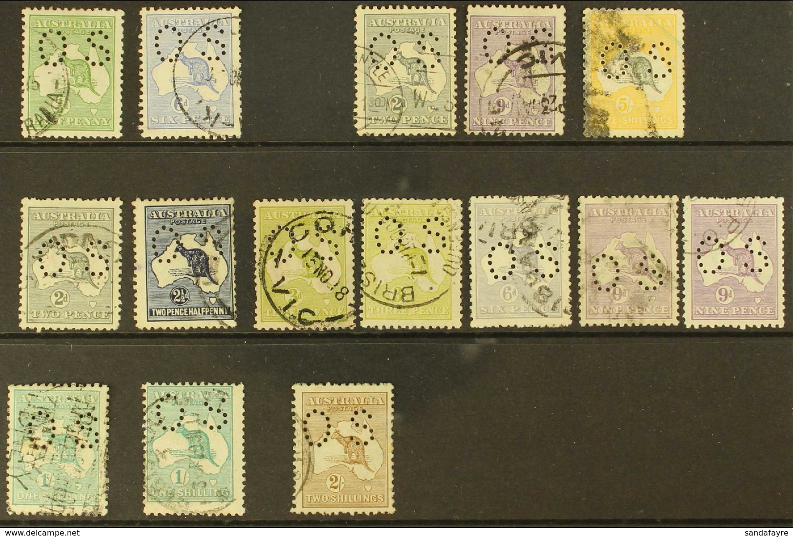 OFFICIALS 1914 - 1928 USED SELECTION Of Punctured "OS" On Kangaroos Incl 1914 ½d And 6d, 1915 2d Grey, 9d Violet And 5s  - Autres & Non Classés