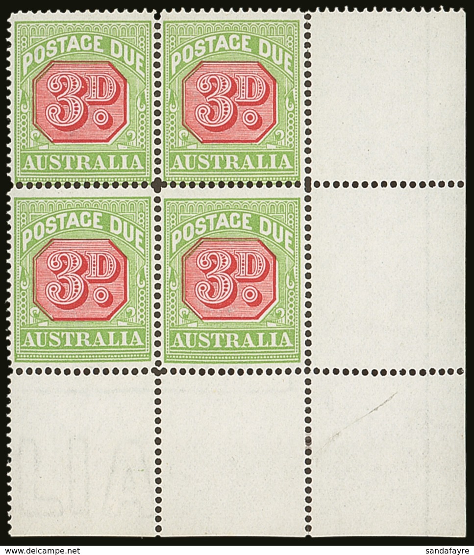 POSTAGE DUES 1912 - 1923 3d Rosine And Apple Green, Perf 14, SG D82, Superb NHM Corner Block Of 4. For More Images, Plea - Autres & Non Classés