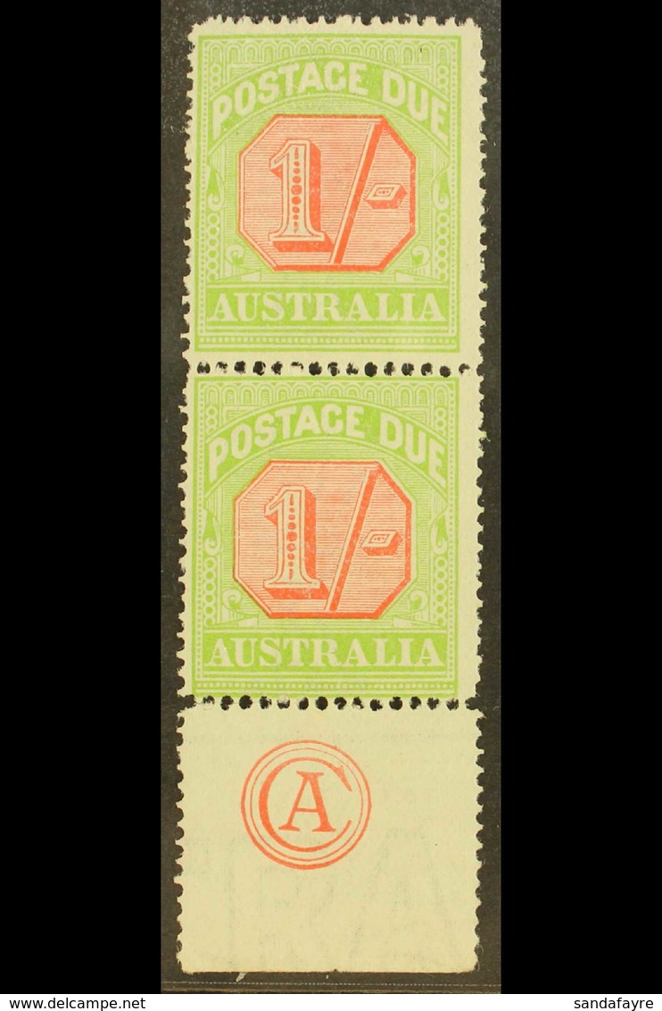 POSTAGE DUES 1913 1s Scarlet And Yellow Green, SG D85, Superb Never Hinged Mint Vertical Pair With Bottom Margin Showing - Sonstige & Ohne Zuordnung