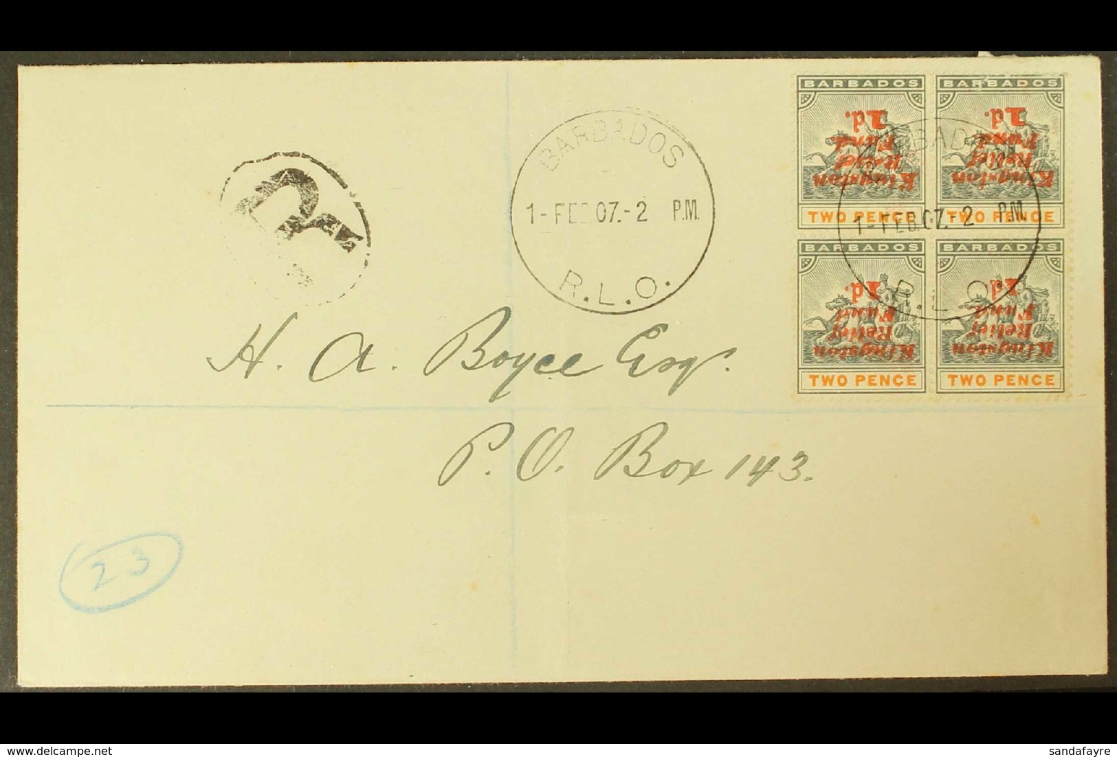 1907 KINGSTON RELIEF FUND REGISTERED COVER An Attractive Cover Bearing 1d On 2d Block Of 4 With Inverted Ovpt FROM THE F - Barbados (...-1966)