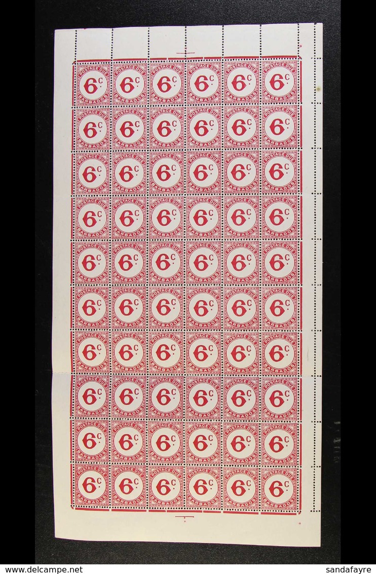 POSTAGE DUES 1950-53 6c Carmine (SG D6a) Never Hinged Mint COMPLETE PANE OF SIXTY STAMPS (6 X 10) With Margins All Round - Barbados (...-1966)