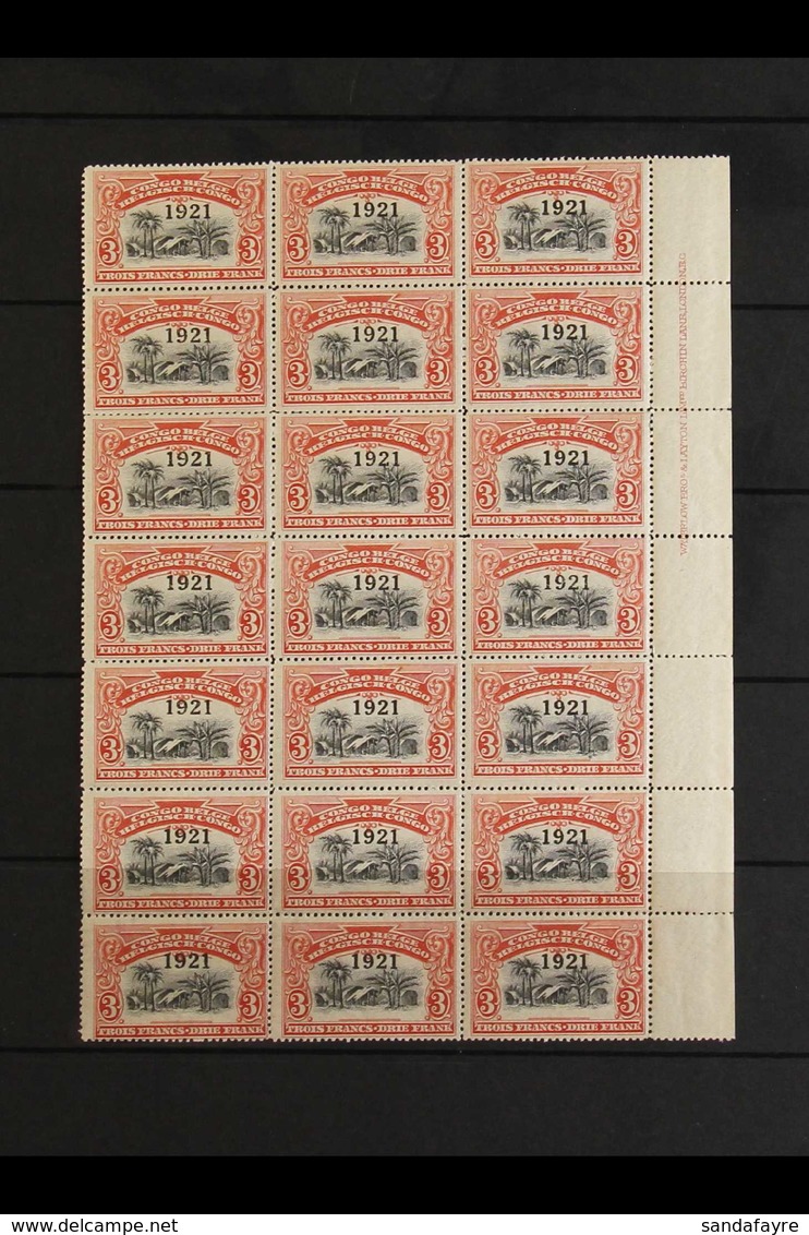 BELGIAN CONGO 1921 3f. red "1921" Overprint, COB 92, Right Marginal Block Of Twenty One (3 X 7), Showing Full Imprint, N - Other & Unclassified