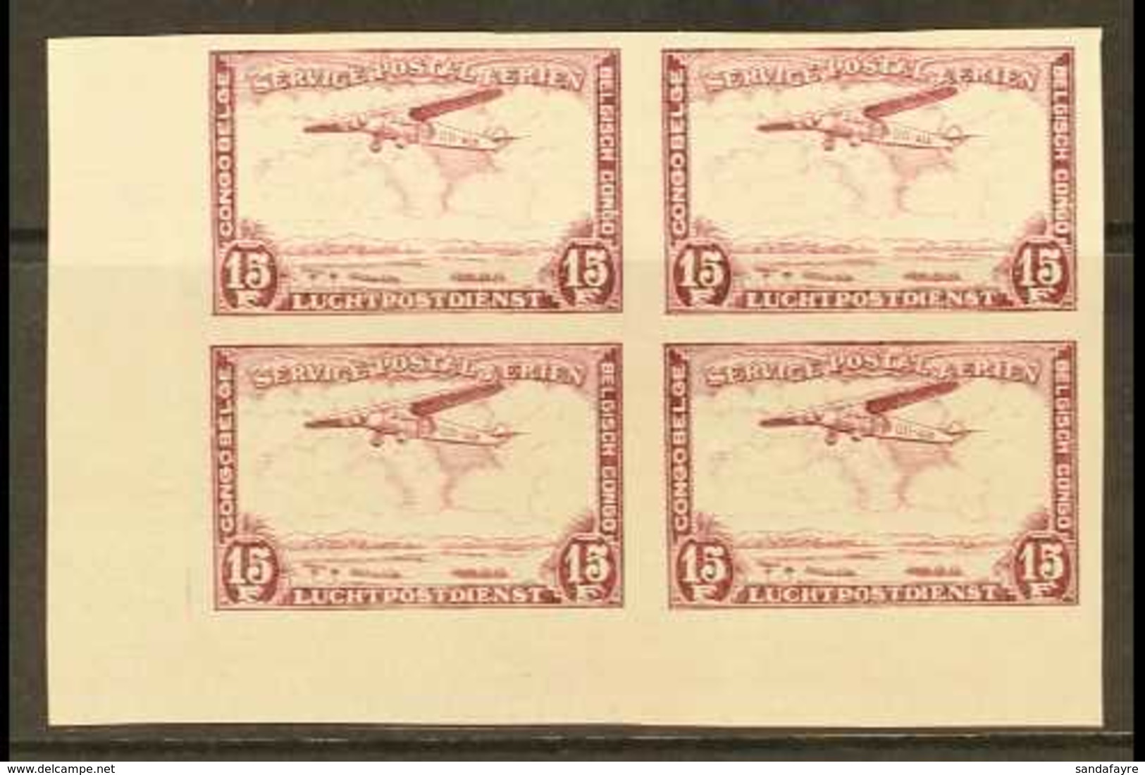 BELGIAN CONGO 1934 Air 15f Lilac, COB PA 13ND, IMPERF Lower Left Corner Block Of Four, Fine Nhm. For More Images, Please - Sonstige & Ohne Zuordnung