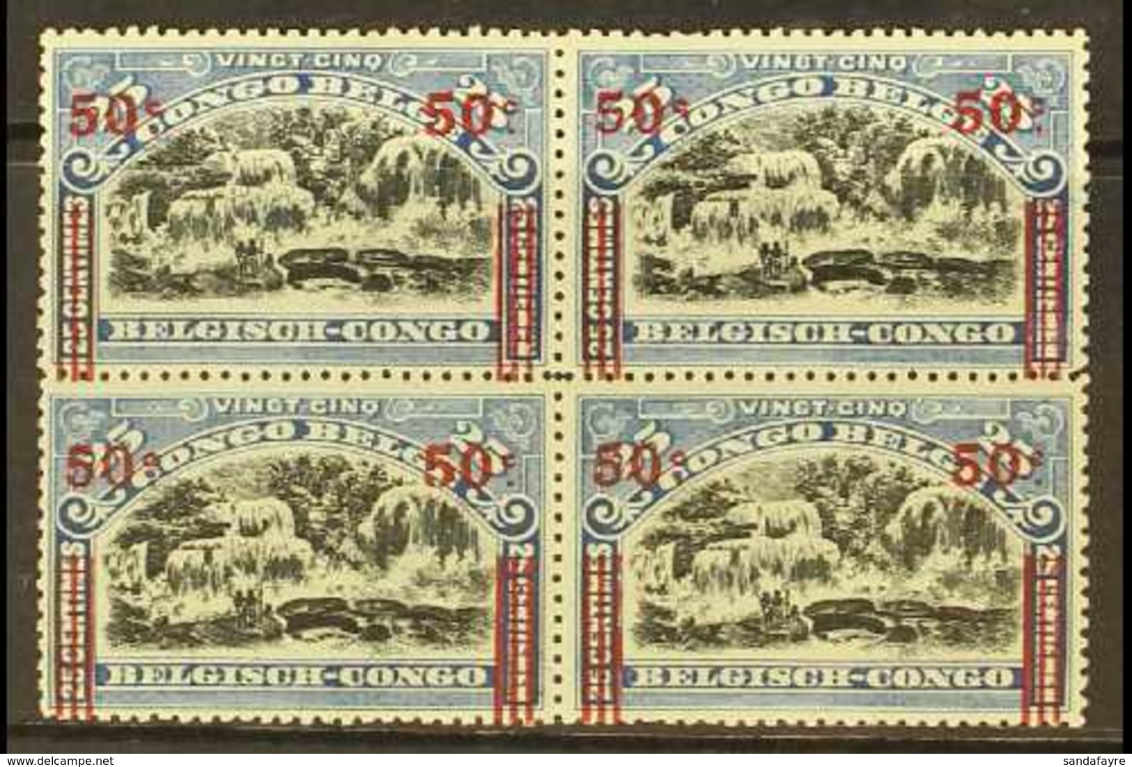 BELGIAN CONGO 1921 50c On 25c Of 1915, COB 90A, Never Hinged Mint Block Of Four, Some Toning. For More Images, Please Vi - Sonstige & Ohne Zuordnung