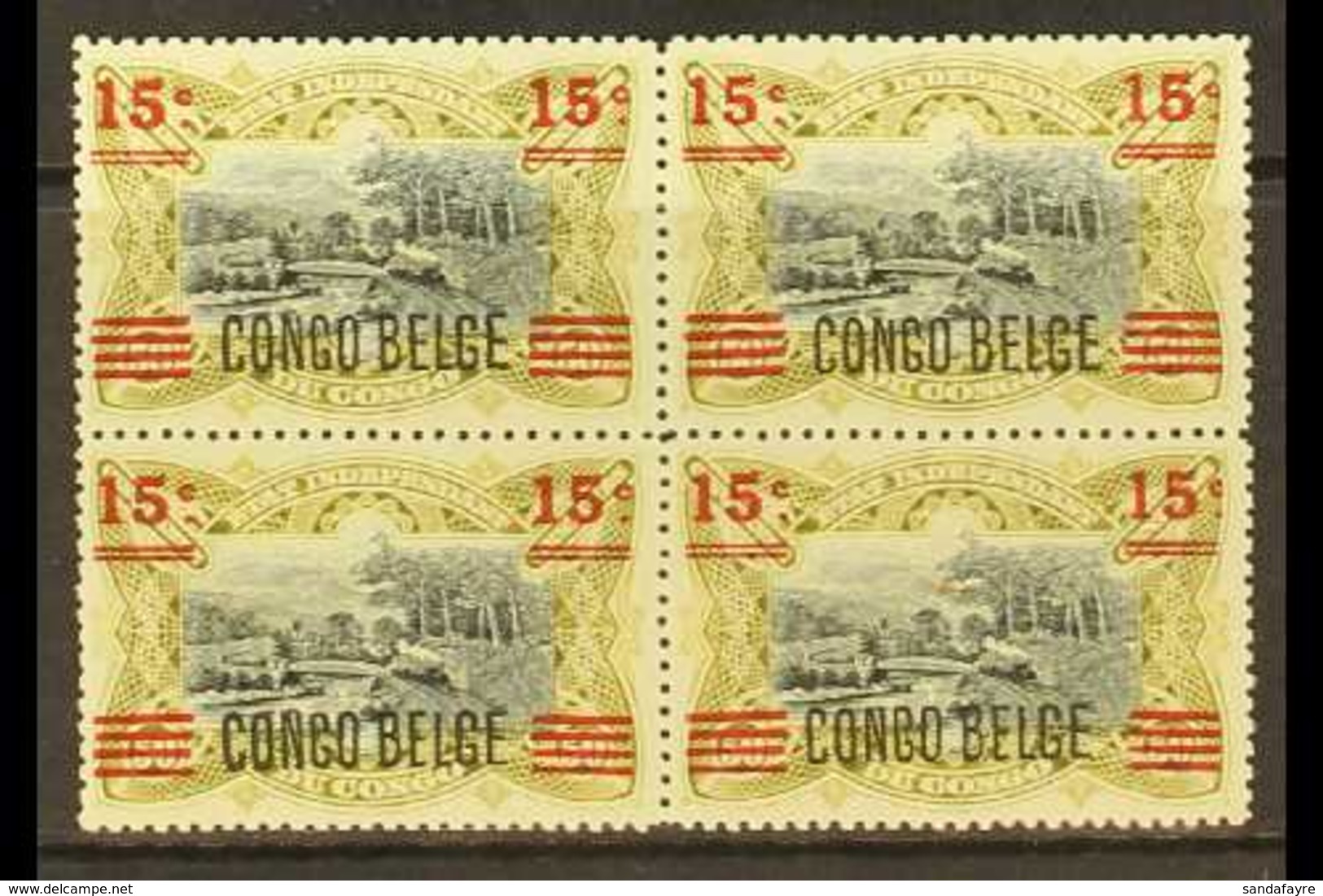 BELGIAN CONGO 1921 15c On 50c Olive, CONGO BELGE Overprint, COB 87A, Rare Never Hinged Mint Block Of Four. For More Imag - Altri & Non Classificati