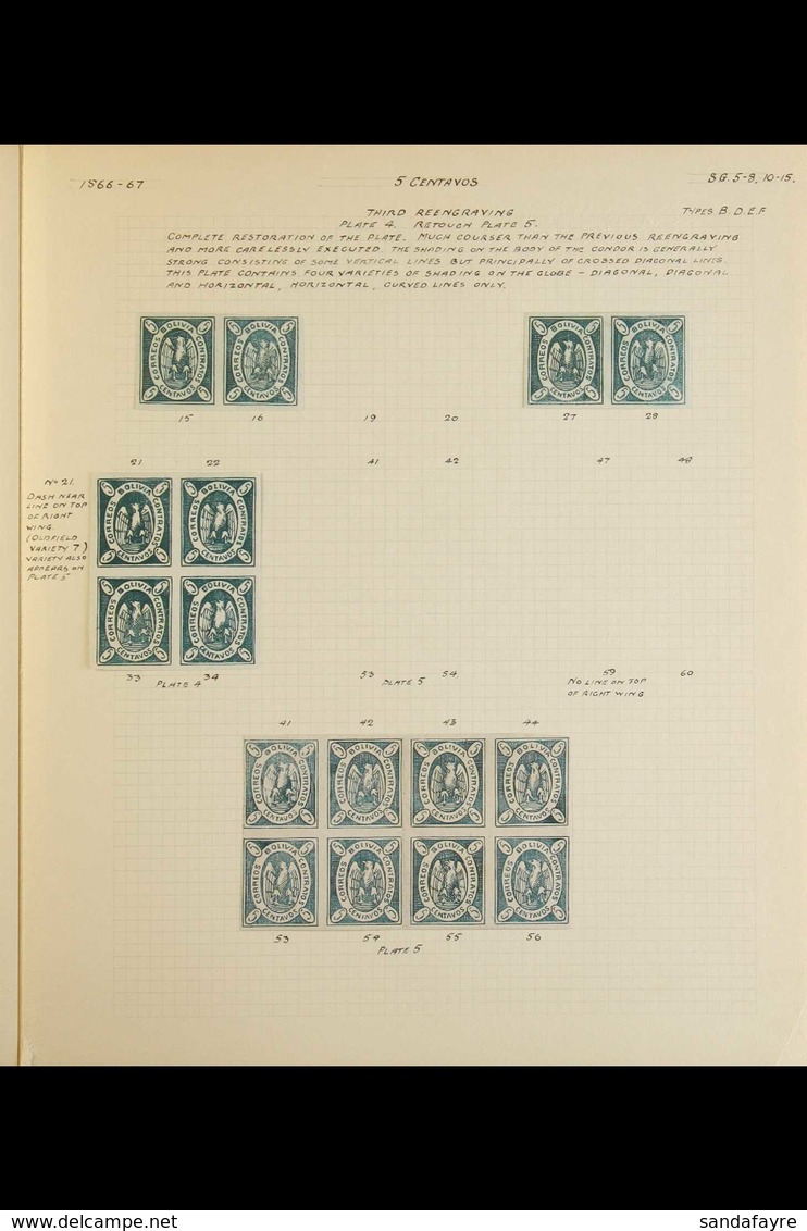 1867-68 CONDOR 5C GREENS - SPECTACULAR SPECIALIZED COLLECTION (SG 1/15) Well Written Up On Album Pages, Mostly Mint (som - Bolivia