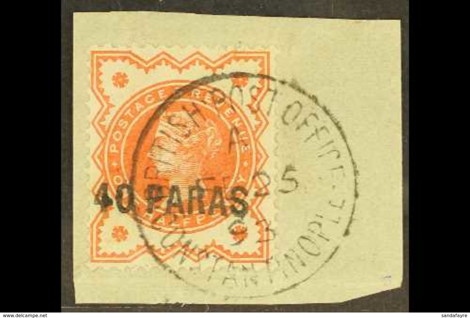 1893 40pa On ½d Vermilion, SG 7, Superb Used On Piece With "full S", Showing Complete Constantinople Fe 25 93 Cds. For M - Britisch-Levant