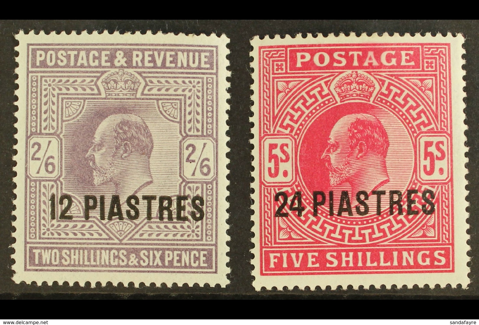 1902 - 05 12pi On 2s6d Lilac And 24pi On 5s Bright Carmine, SG 11/12, Very Fine And Fresh Mint. (2 Stamps) For More Imag - Britisch-Levant