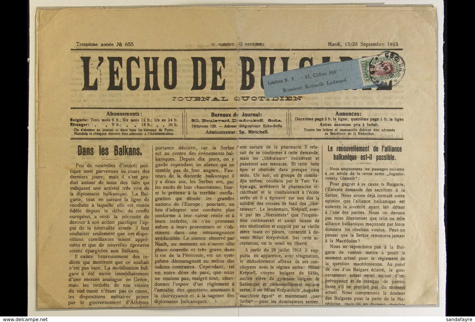 1915 L'ECHO DE BULGARIE. Complete Newspaper L'Echo De Bulgaria (15/28 September 1915 Issue) With Address Label To London - Other & Unclassified