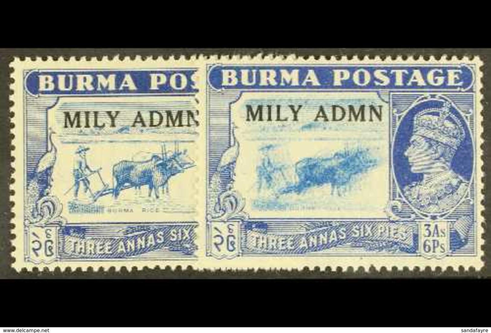 1945 3a6p Light Blue And Blue "Mily Admn" Opt, The Light Blue Central Vignette Showing Farmer And Oxen PRINTED FIVE TIME - Burma (...-1947)