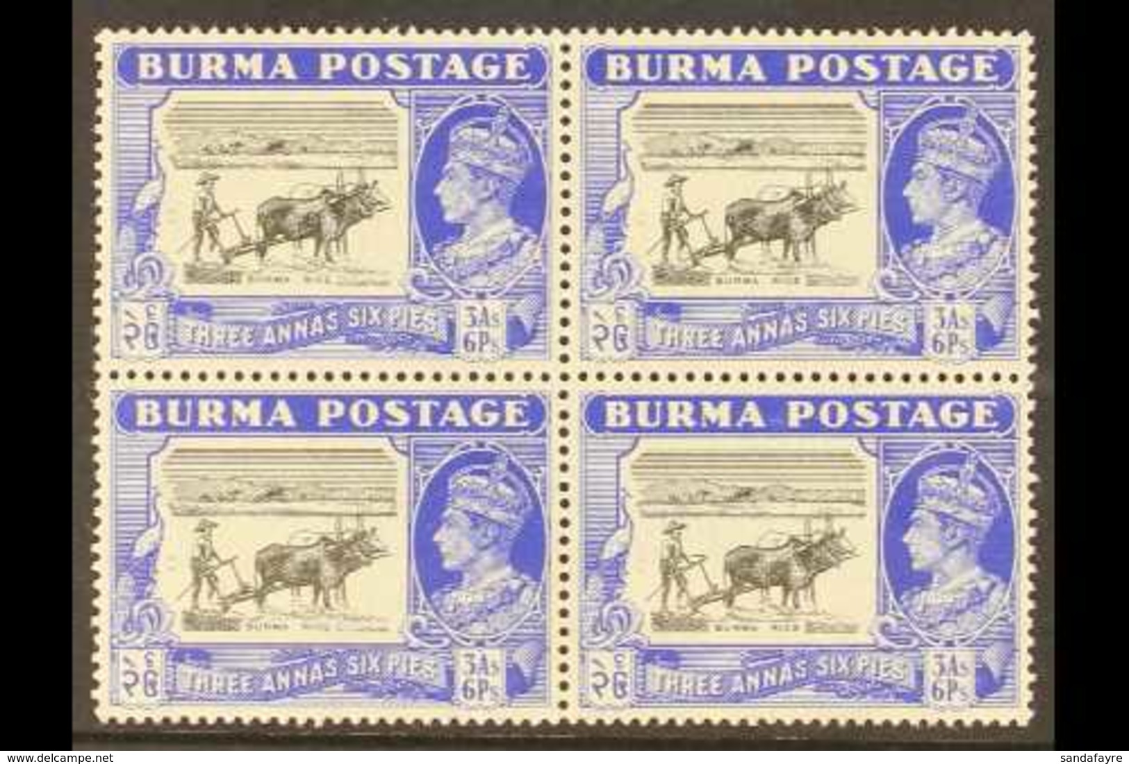 1946 3a6p Black & Ultramarine "Burma Rice" Block Of 4, One Stamp Bearing "CURVED PLOUGH HANDLE" Variety, SG 57b/57bba, N - Burma (...-1947)