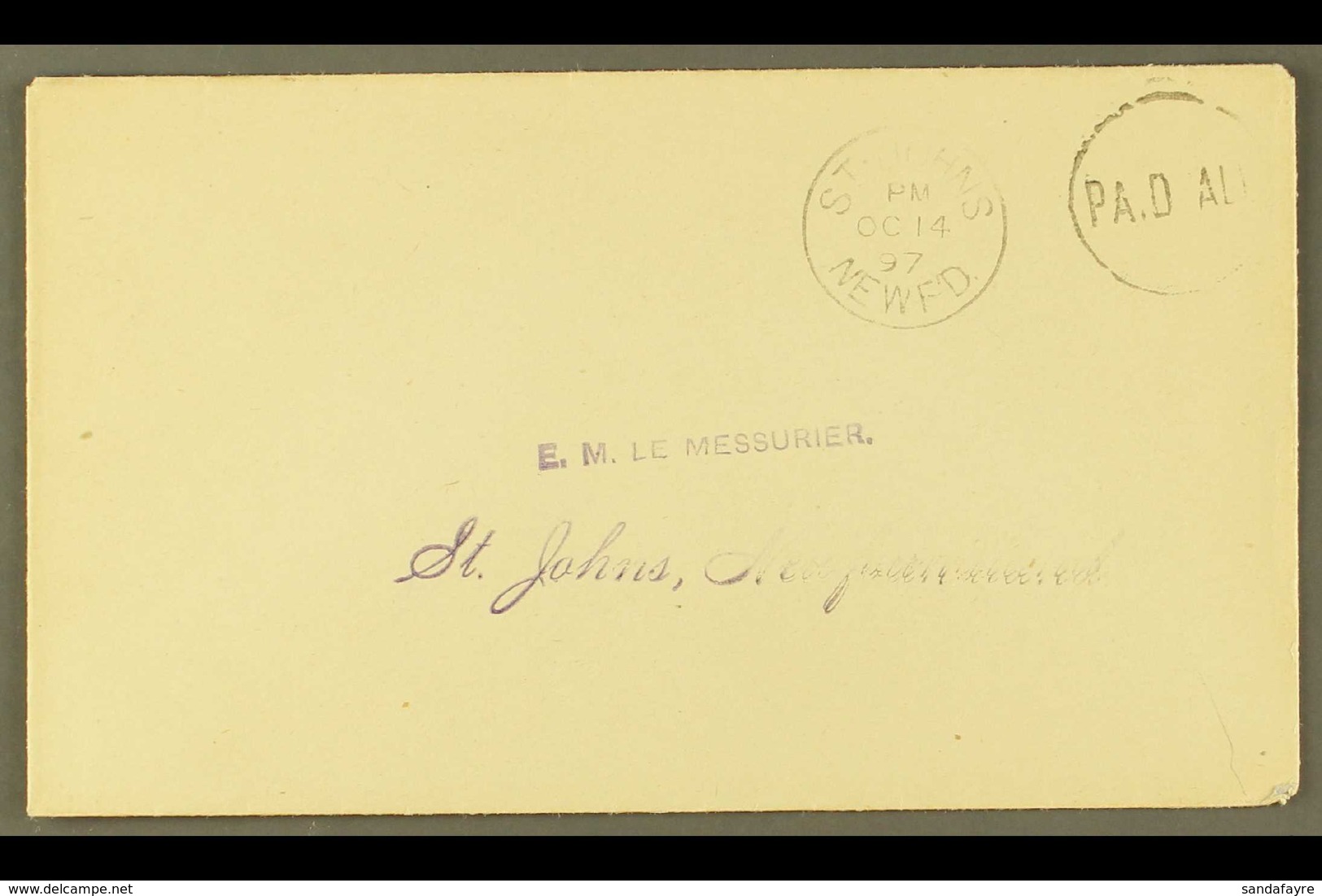 1897 (Oct) Provisional St Johns 1c "PAID ALL" Hand Stamp On Local Cover, Introduced During Shortage Of 1c Stamps For Loc - Sonstige & Ohne Zuordnung