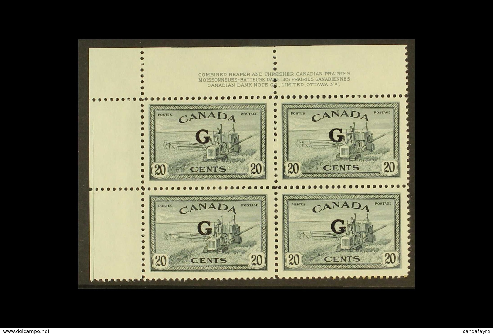 OFFICIAL 1950-52 20c Slate With "G" Overprint, SG O187, Top Left Corner PLATE BLOCK Of Four From Plate Number 1, Never H - Other & Unclassified