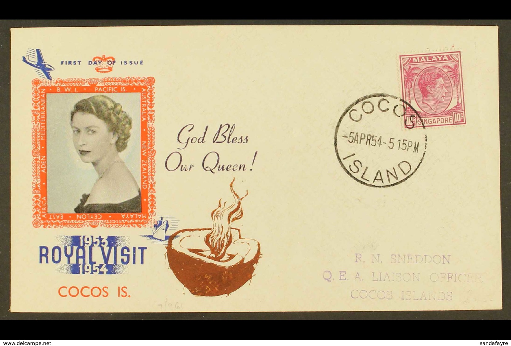 SINGAPORE USED IN 1954 (5th April) Neat Printed Royal Visit Cover, Bearing KGVI 10c Purple, SG 22, Tied By Crisp Cocos I - Kokosinseln (Keeling Islands)