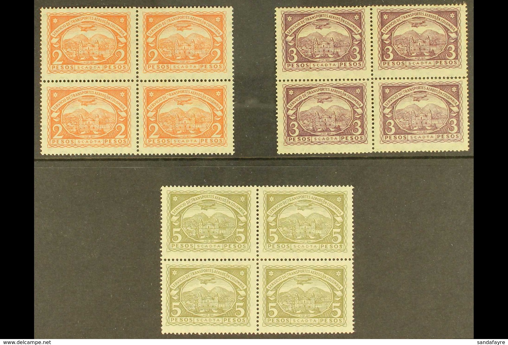 SCADTA 1923 2p Red Orange, 3p Violet And 5p Olive Green (Scott C48/50, Mi 37/39) In Fine Mint BLOCKS OF FOUR, Minor Gum  - Colombie