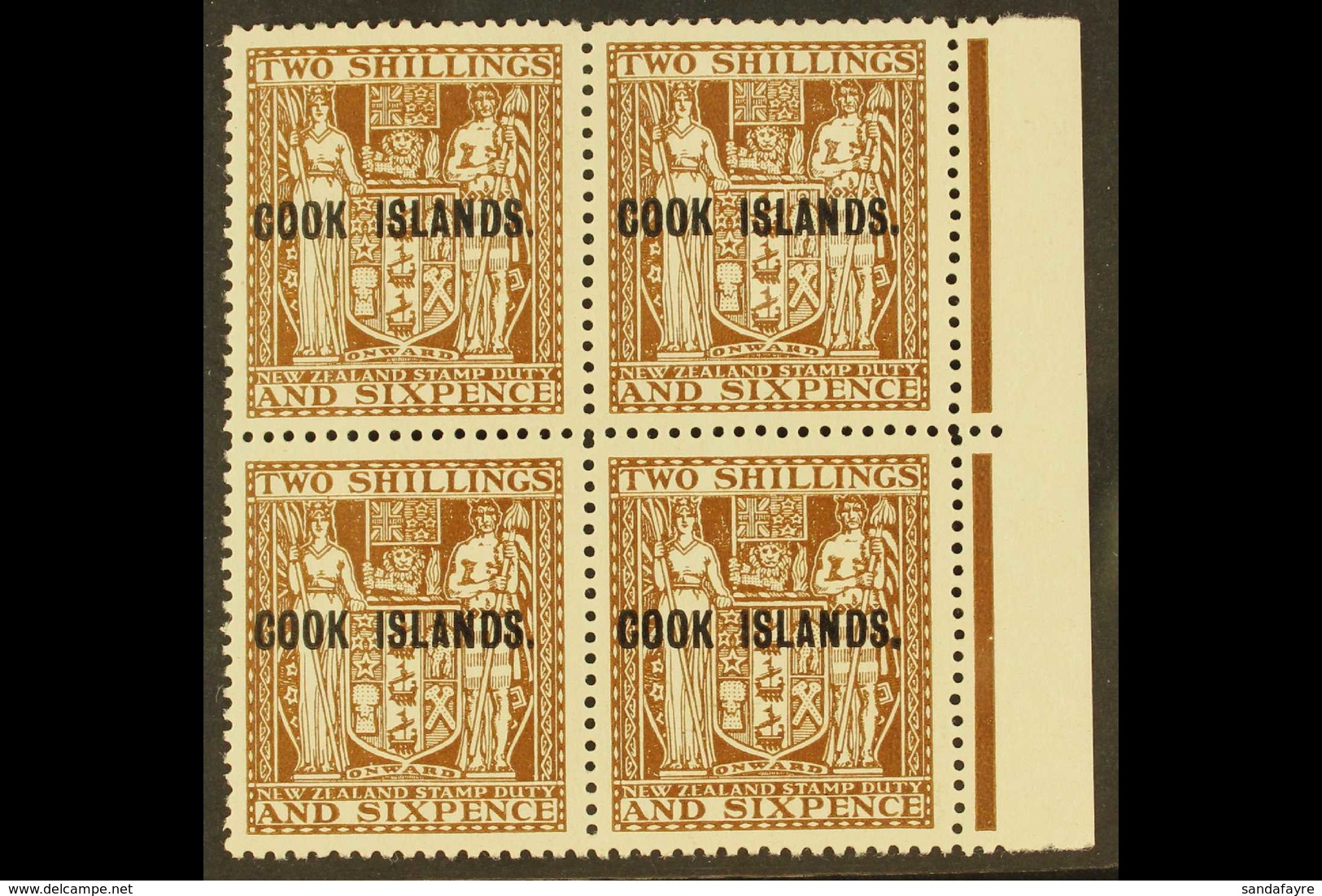 1943-54 2s.6d Dull Brown Arms, Upright Watermark, SG 131, Right Marginal Block Of Four, Very Fine Mint With The Lower Pa - Cookinseln