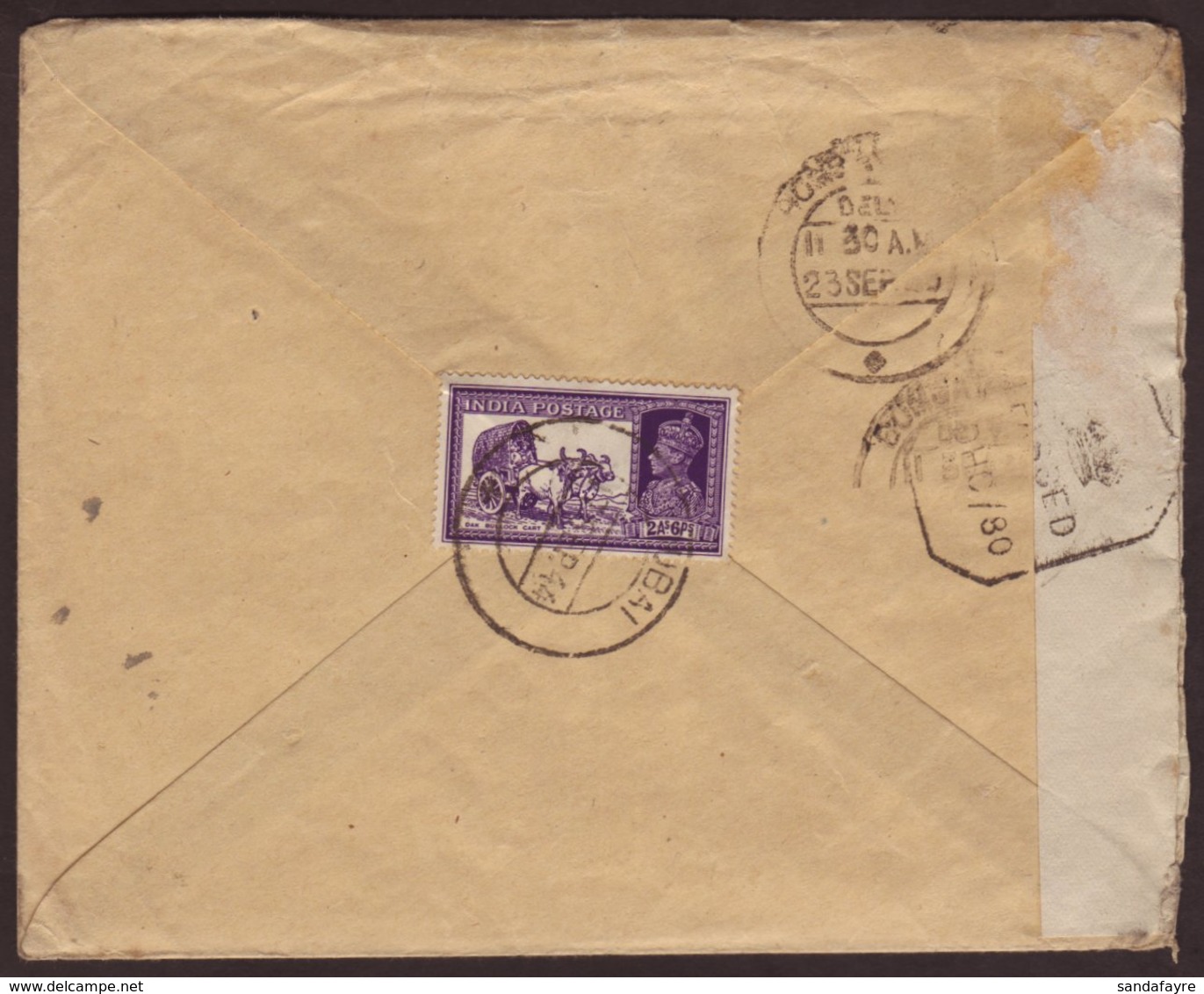 1944 INDIA USED IN: (17th September) Envelope To Bombay, Bearing On The Flap KGVI 2a 6p Violet, Tied By Crisp DUBAI Cds  - Dubai