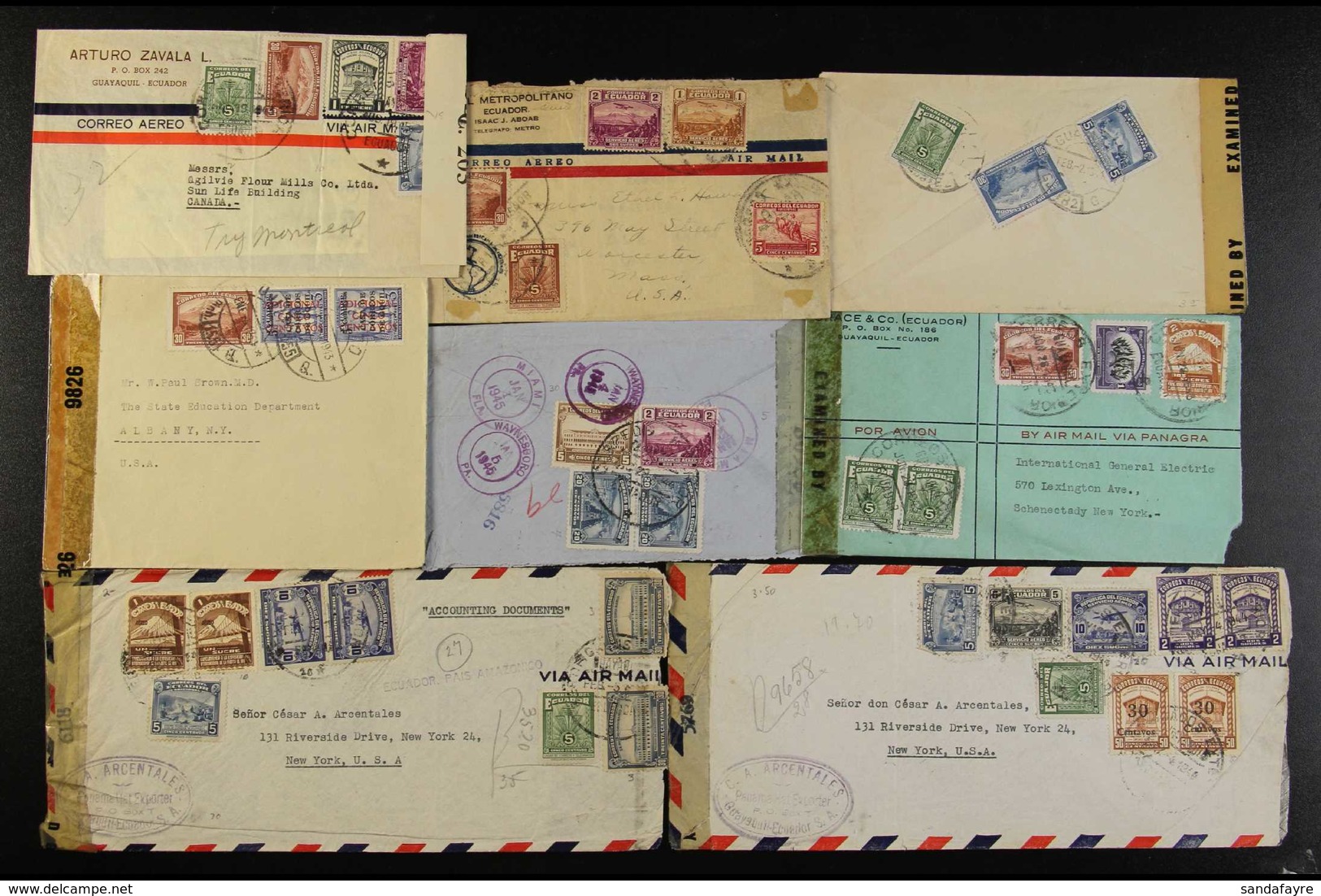 1942-1945 CENSORED COVERS. An All Different Collection Of WWII Era Commercial Covers, All Bearing "Examined By/Censor" T - Ecuador