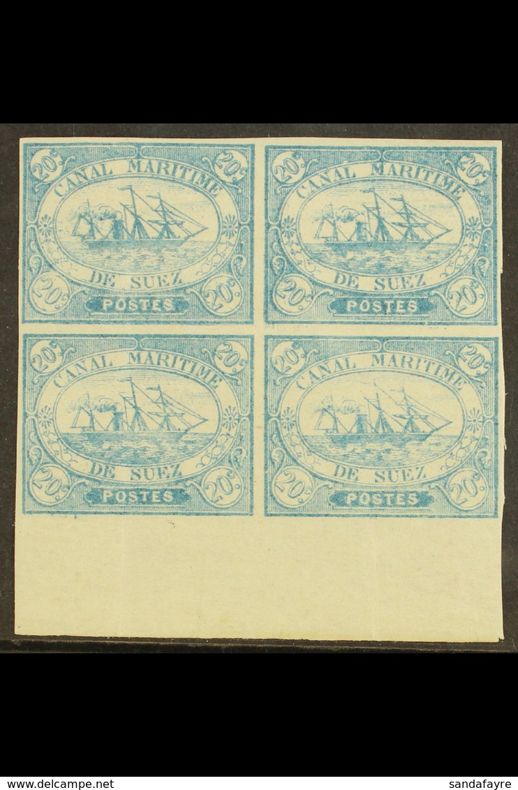 SUEZ CANAL COMPANY 1868 20c Blue, SG 3, Fine Mint Marginal Block Of 4 (Positions 99-100 / 111-112, Bearing Expertizing M - Autres & Non Classés
