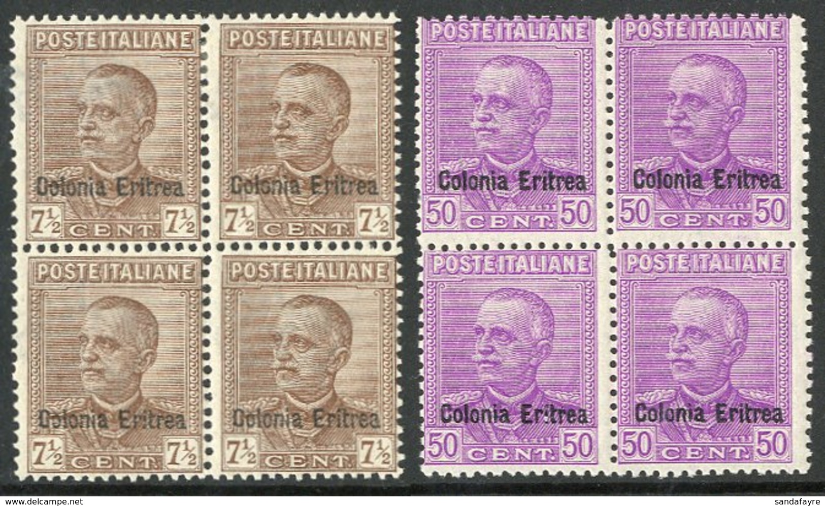 1928 - 9 7½c Brown And 50c Lilac Ovptd "Colonia Italiana", Sass S33, In Superb Blocks Of 4, 2NH, 2 Og. (8 Stamps) For Mo - Erythrée
