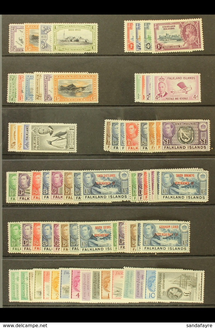 1933 - 64 Useful Mint Selection With Centenary Vals To 1s, 1935 Jubilee Set, 1938 Vals To £1, 1944 Deps Sets, 1954 Set N - Falklandinseln