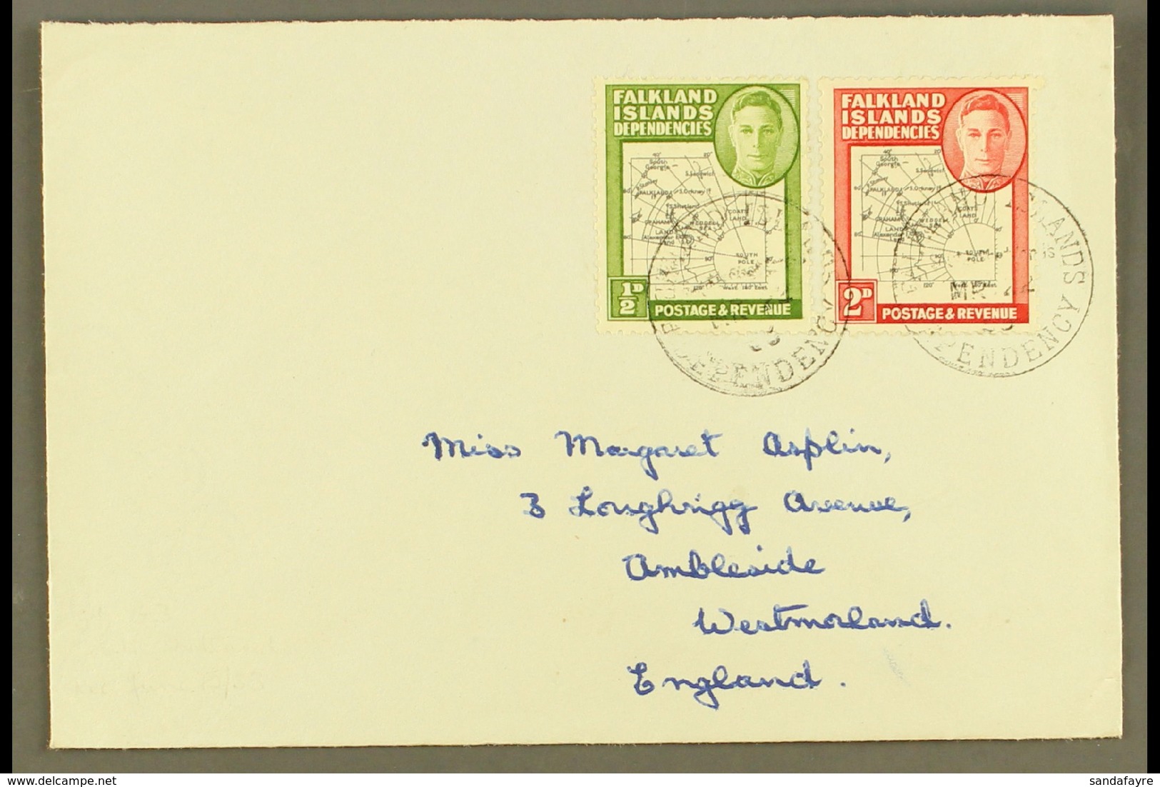 1952 Cover To UK Franked Coarse Map 2d, SG G2, In Addition ½d Black And Green Showing The Variety "missing "I" In Shetla - Falklandinseln