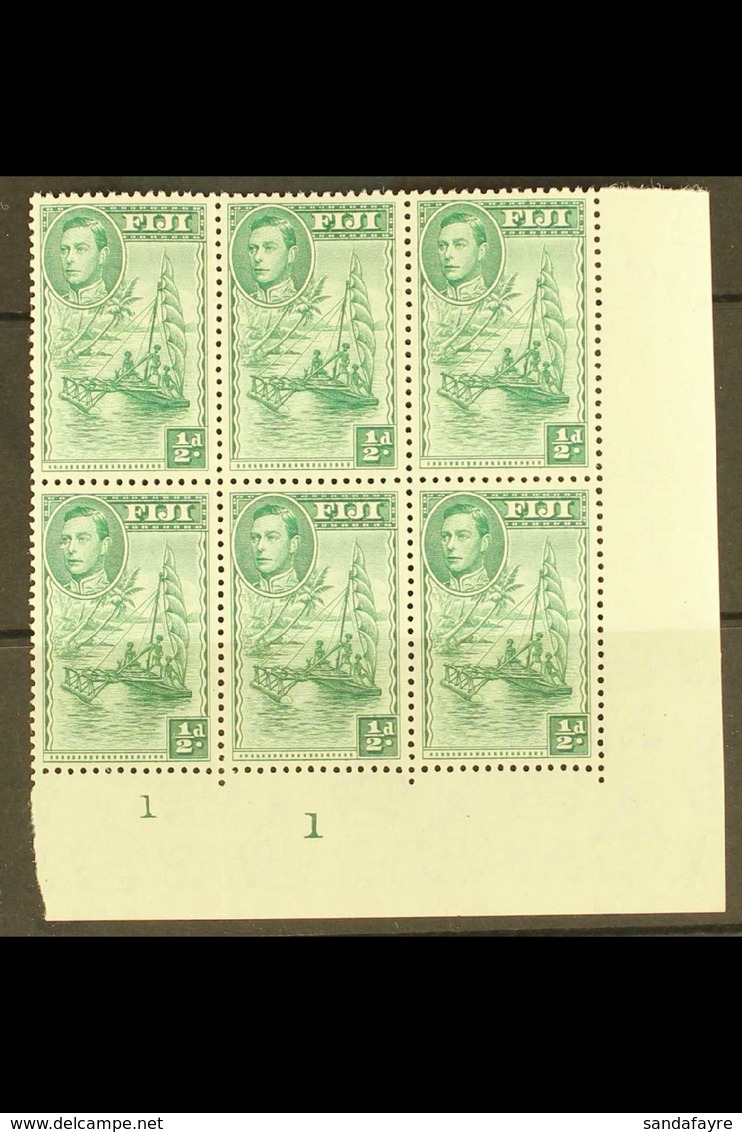 1938-55 ½d Green Perf. 12, Lower Right Corner Plate Number Block Of Six, The Upper Left Stamp (R. 5/8) Showing Extra Pal - Fidschi-Inseln (...-1970)