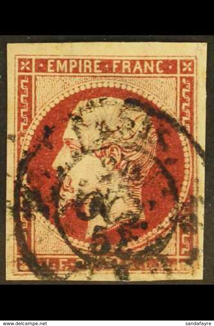 1853-61 1f Carmine Napoleon (Yvert 18, SG 72), Used, Four Large Margins Expertly Repaired At Bottom And At Left, Fresh C - Autres & Non Classés