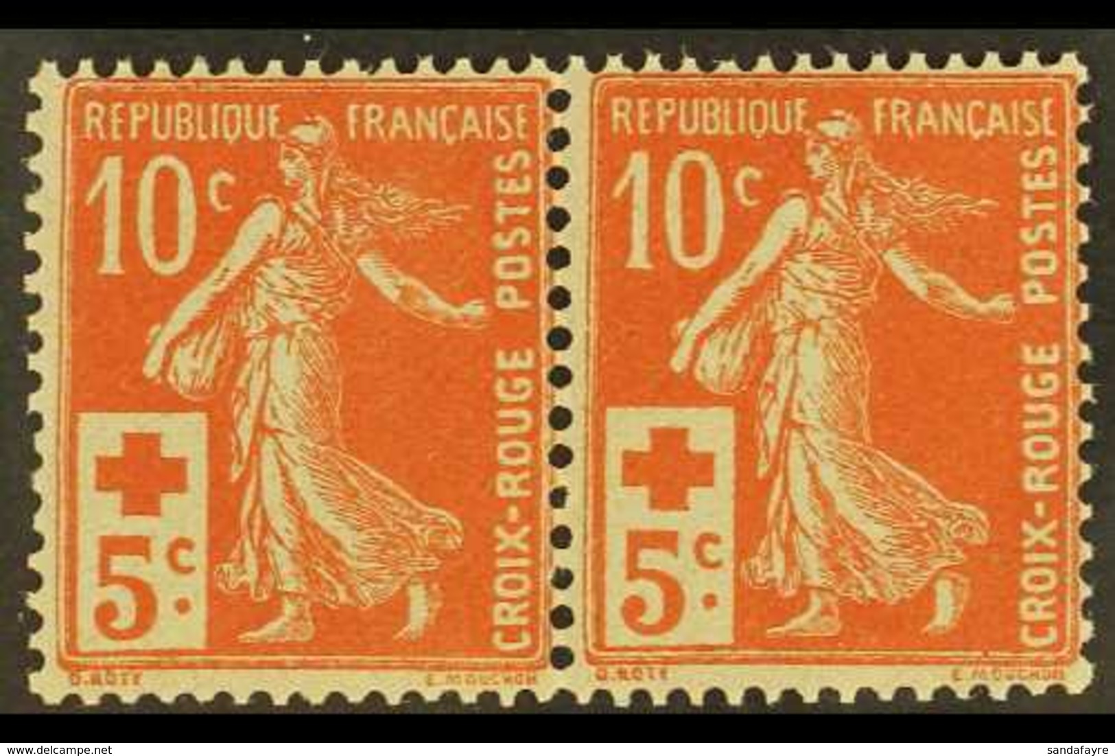 1914 10c+5c Red Red Cross (Yvert 147, SG 352), Fine Never Hinged Mint, Horizontal PAIR, Fresh. (2 Stamps) For More Image - Other & Unclassified