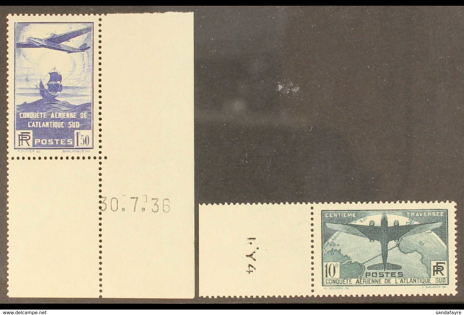 1936 100th Crossing Of The South Atlantic Set, Yv 320/1, Superb Marginal (1f50 Corner Marginal Coins Date) Never Hinged  - Other & Unclassified